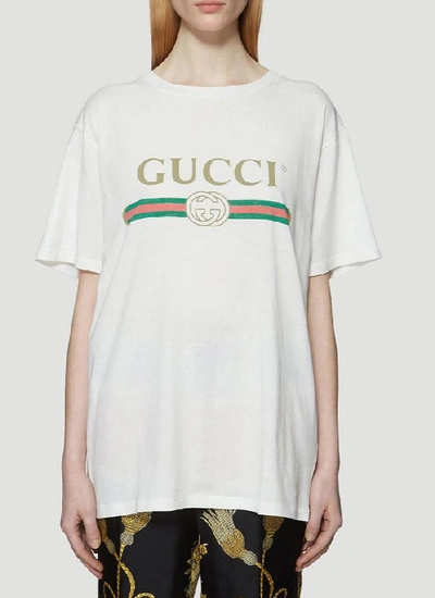 Shop Gucci Logo Print Distressed Detail T In White