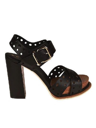 Shop Tod's Perforated Block Heel Sandals In Black