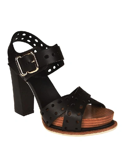 Shop Tod's Perforated Block Heel Sandals In Black