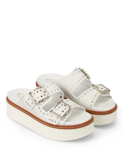 Shop Tod's Buckle Flatform Sandals In White
