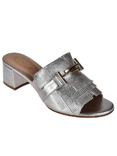 Shop Tod's Double T Fringed Mules In Silver