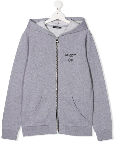 Shop Balmain Teen Logo Print Zipped Hoodie In Grey