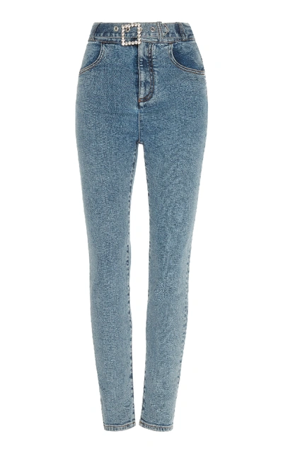 Shop Alessandra Rich Embellished Belted High-rise Skinny Jeans In Medium Wash