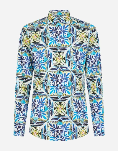 Shop Dolce & Gabbana Gold Cotton Shirt With Maiolica Print