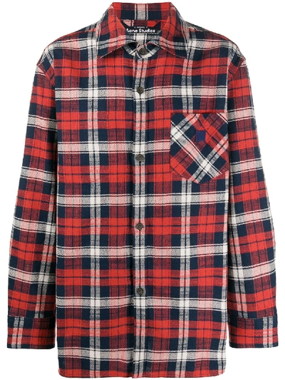 Shop Acne Studios Face Patch Plaid Overshirt In Red