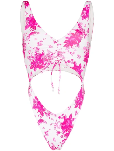 Shop Frankies Bikinis Emma Floral Print Cut-out Swimsuit In Pink