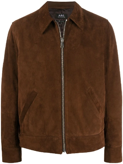 Shop Apc Pointed Collar Suede Jacket In Brown