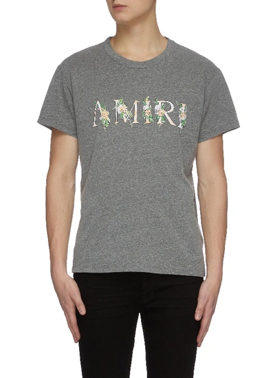 Shop Amiri Floral Logo Print Crewneck T-shirt In Grey