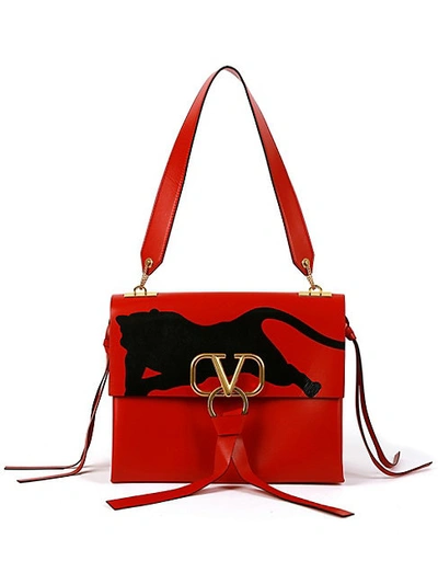 Shop Valentino Large Panther V-ring Leather Shoulder Bag In Red