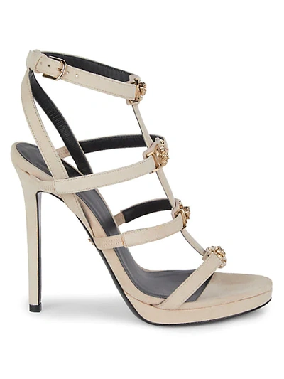 Shop Versace Suede Caged Stiletto Sandals In Sabbia Gold