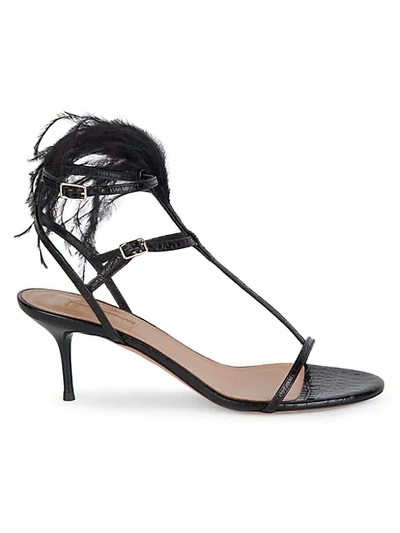 Shop Aquazzura Ponza Ostrich Feather Croc-embossed Leather Sandals In Black