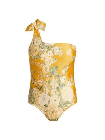 Shop Zimmermann Amelie One-shoulder Bow One-piece Swimsuit In Amber Floral