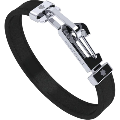 Shop Montblanc Bracelet In Black Leather With Carabiner Closure In Stainless Steel
