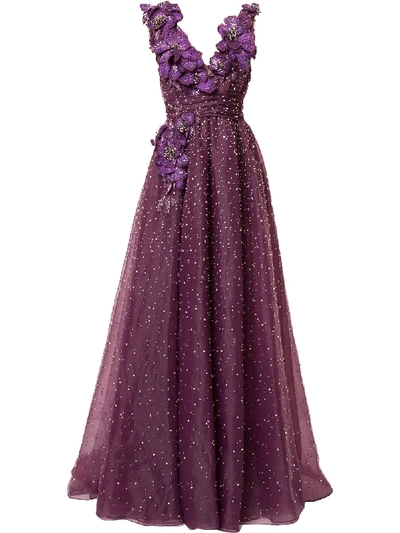 Shop Marchesa Floral Plunge Gown In Purple