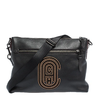 Pre-owned Coach Black Logo Patch Leather Rivington Messenger Bag