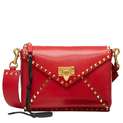 Pre-owned Valentino Garavani Rouge Pur Smooth Leather Rockstud Hype Shoulder Bag In Red