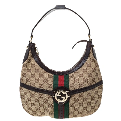 Pre-owned Gucci Beige/brown Canvas And Leather Web Reins Hobo