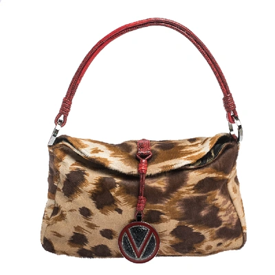 Pre-owned Valentino Garavani Brown/red Printed Calfhair And Lizard V Ring Hobo