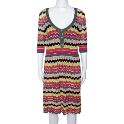 Pre-owned M Missoni Multicolor Chevron Cotton Linen Knit A Line Dress L