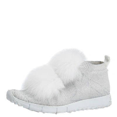 Pre-owned Jimmy Choo White/silver Knit Fabric And Fur Pom Pom Norway Sneakers Size 38.5