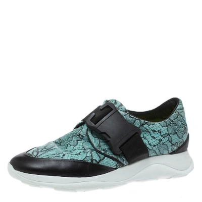 Pre-owned Christopher Kane Black/blue Lace Print Leather Safety Buckle Low Top Sneakers Size 36.5