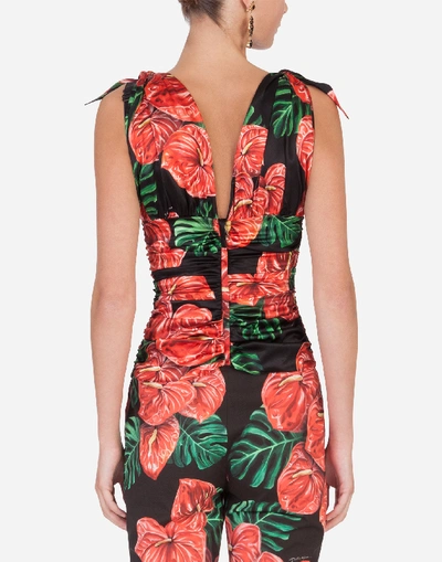 Shop Dolce & Gabbana V-neck Top In Satin With Laceleaf Print In Floral Print