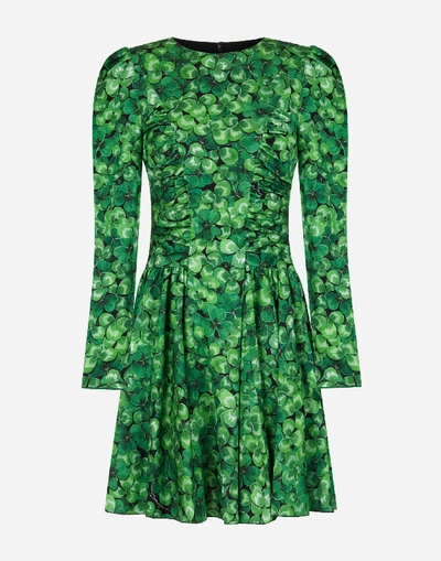 Shop Dolce & Gabbana Short Circle-skirt Dress In Four-leaf Clover Print Charmeuse In Floral Print