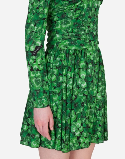 Shop Dolce & Gabbana Short Circle-skirt Dress In Four-leaf Clover Print Charmeuse In Floral Print