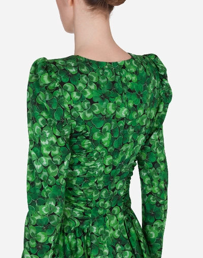 Shop Dolce & Gabbana Short Circle-skirt Dress In Four-leaf Clover Print Charmeuse In Floral Print