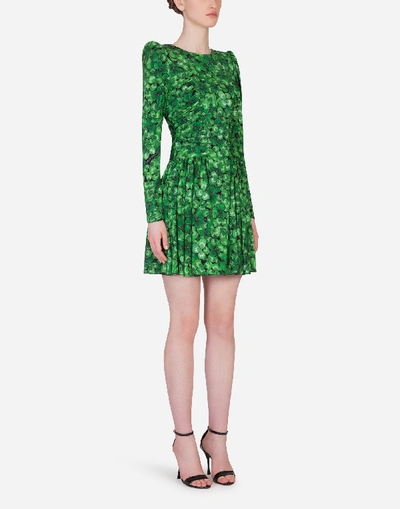 Shop Dolce & Gabbana Short Circle-skirt Dress In Four-leaf Clover Print Charmeuse In Floral Print