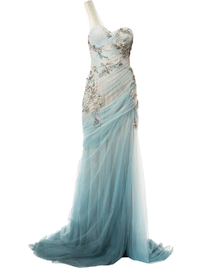 Shop Marchesa Ruched Asymmetric Gown In Blue