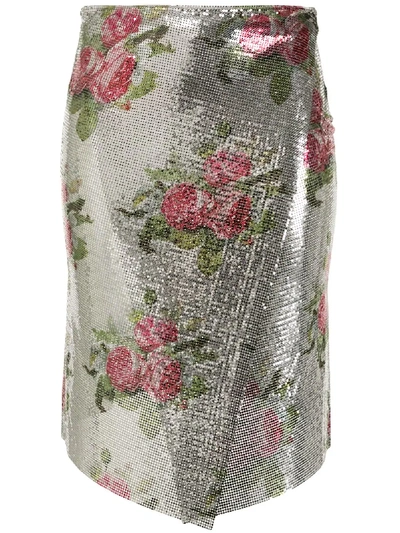 Shop Paco Rabanne Metallic Floral Wrap Skirt In Silver