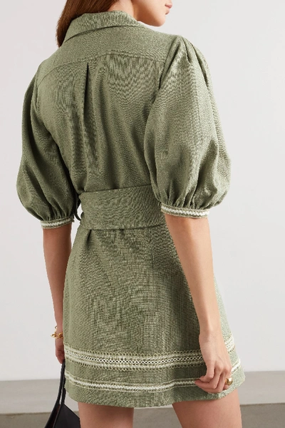 Shop Patbo Belted Embroidered Gauze Mini Dress In Army Green
