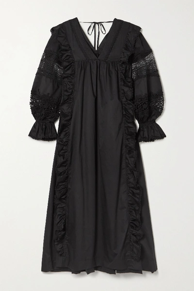 Shop Lug Von Siga Carla Crochet-trimmed Cotton-poplin Midi Dress In Black