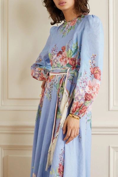 Shop Zimmermann Bellitude Floral-print Linen Maxi Dress In Light Blue