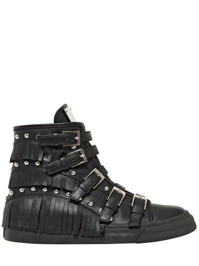 Shop Giuseppe Zanotti Fringed Leather High Top Sneakers In Black