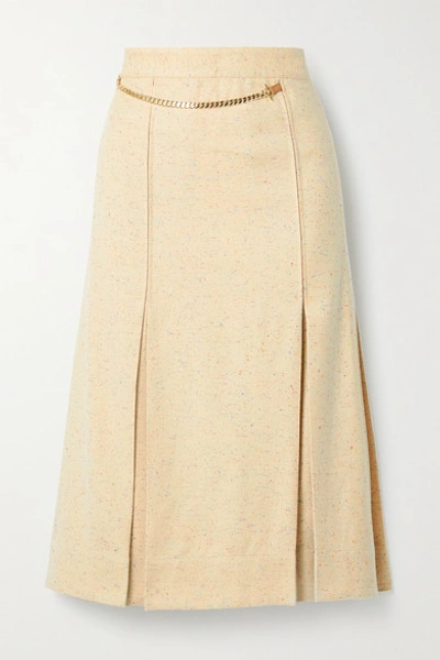 Shop Victoria Beckham Leather-trimmed Pleated Silk-blend Tweed Wrap Skirt In Beige