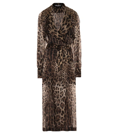 Shop Dolce & Gabbana Leopard-print Silk Trench Coat In Brown