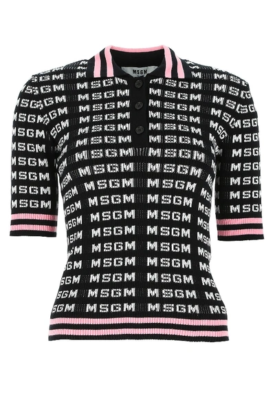 Shop Msgm Allover Logo Ribbed Polo Shirt In Black