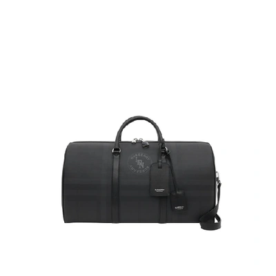 Shop Burberry Logo Graphic London Check And Leather Holdall In Dark Charcoal