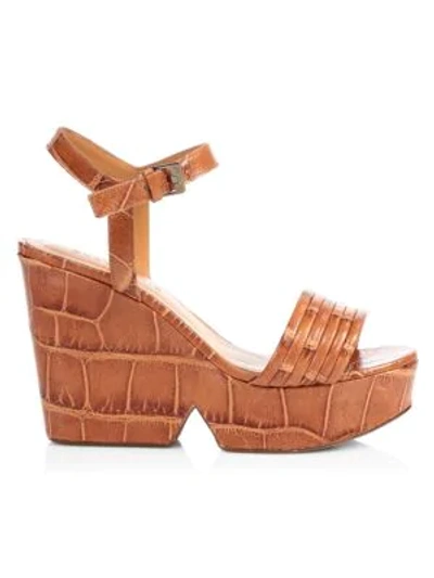 Shop Clergerie Dany Croc-embossed Leather Platform Wedge Sandals In Camel