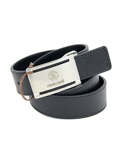 Shop Roberto Cavalli Logo Buckle Saffiano Leather Belt In Black