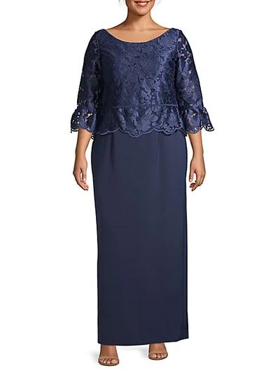Shop Js Collections Plus Floral Lace-top Peplum Gown In Navy