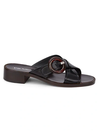 Shop Prada Leather Buckle Mules In Black