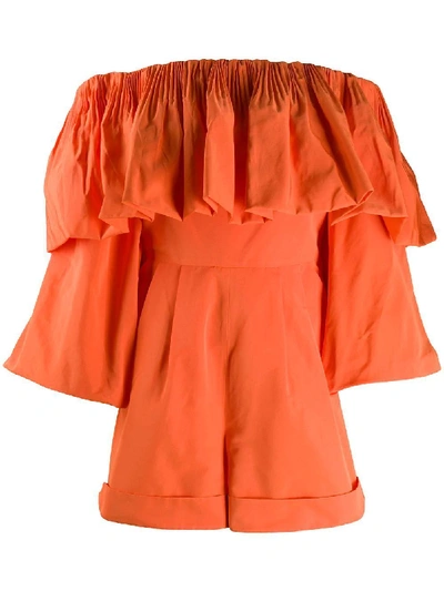 Shop Valentino Orange Off-shoulder Ruffle Playsuit