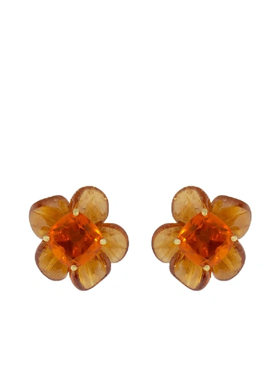 Shop Irene Neuwirth 18kt Yellow Gold One-of-a-kind Tropical Flower Opal And Garnet Studs In Orange
