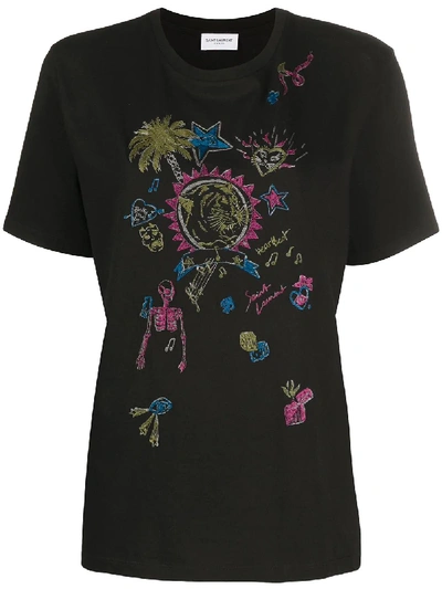 Shop Saint Laurent Embroidered T-shirt In Black