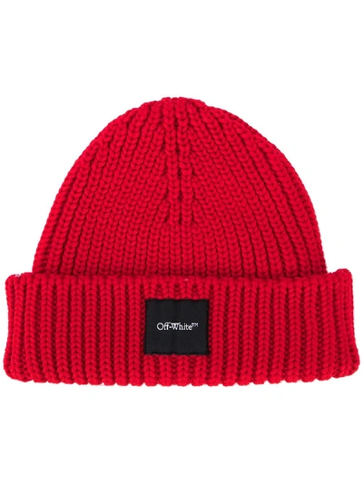 Shop Off-white Logo-patch Ribbed-knit Beanie In Red