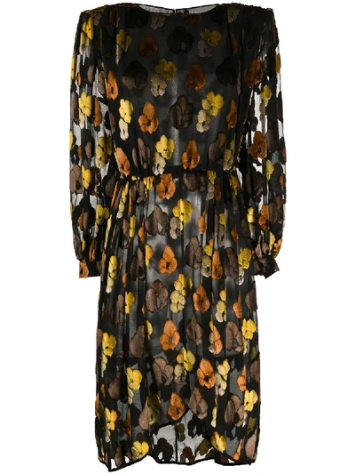 Pre-owned Valentino 1980's Floral Long-sleeved Dress In Black