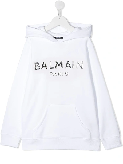 Shop Balmain Mirrored Logo Hoodie In White